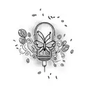 A microphone surrounded by swirling coffee beans and butterflies tattoo design idea