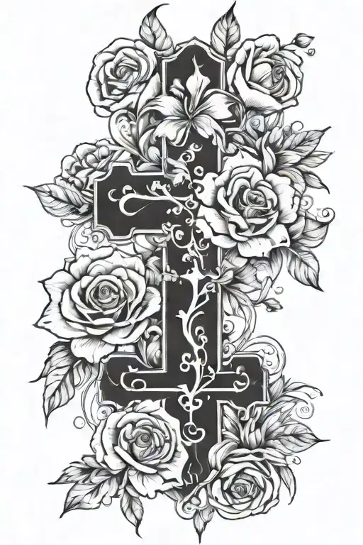 flowers and a cross with hints of red  tattoo design idea