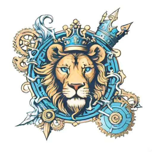 lion head wearing a crown/ pocket watch with gears/ beautiful blue eye in clouds/ cross/ Est 1969/ the word family  tattoo design idea