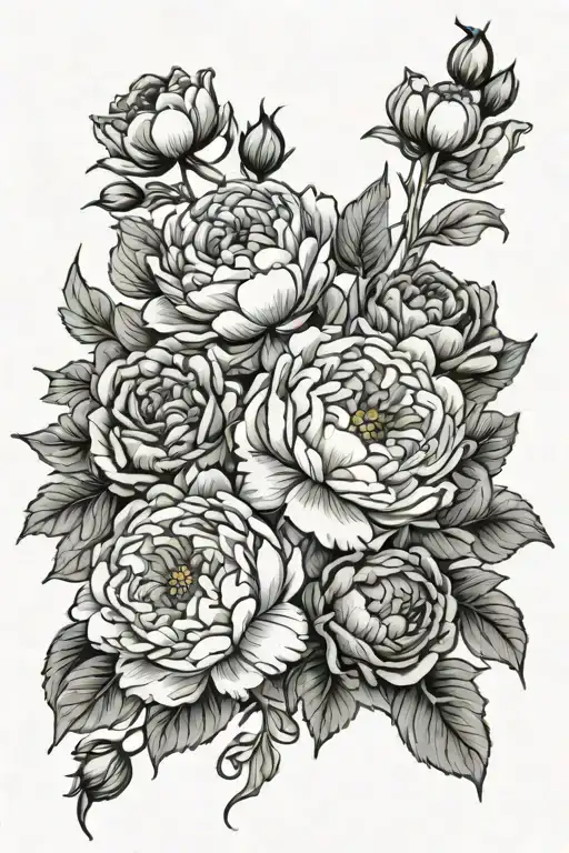 peonies, marigolds, camellia, poppies and roses intertwined tattoo design idea