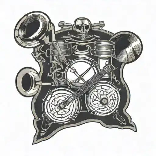 Guitar bass drum microphone intertwined tattoo design idea