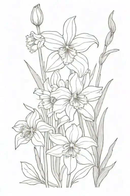 bundle of Azlea, Daffodil, hellebore, and iris flower tattoo design idea