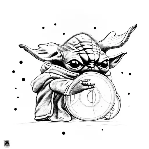 Baby Yoda riding a moose while holding a RPG tattoo design idea