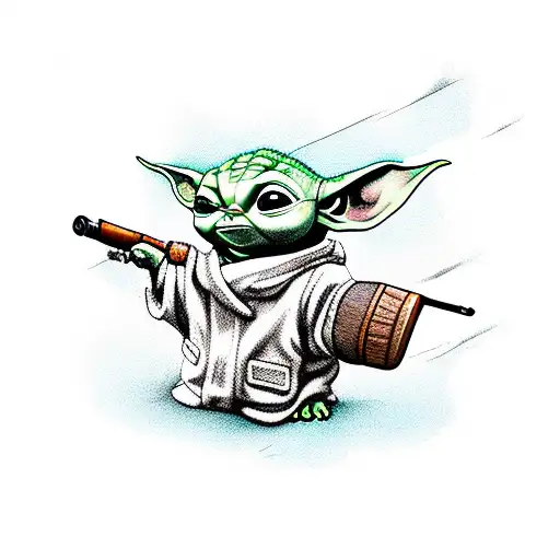 Baby Yoda riding a moose while holding a RPG tattoo design idea