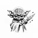 Baby Yoda riding a moose while holding a RPG tattoo design idea