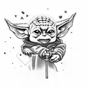 Baby Yoda riding a moose while holding a RPG tattoo design idea