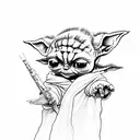 Baby Yoda riding a moose while holding a RPG tattoo design idea