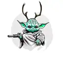 Baby Yoda riding a moose while holding a RPG tattoo design idea
