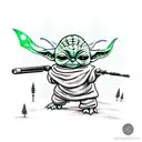 Baby Yoda riding a moose while holding a RPG tattoo design idea