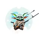 Baby Yoda riding a moose while holding a RPG tattoo design idea