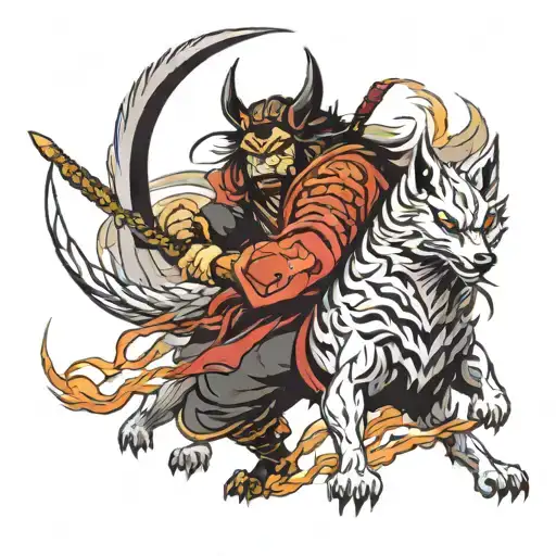 A samurai warrior battling a demon with a nine-tailed fox and a wolf by his side tattoo design idea