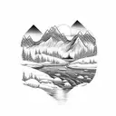 Mountain Scene with river banks tattoo design idea