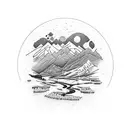Mountain Scene with river banks tattoo design idea