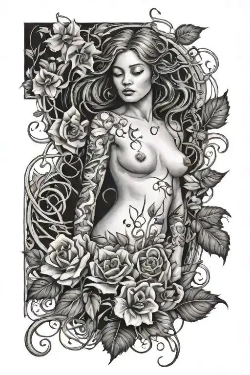 nude girl flowers and vines growing tattoo design idea