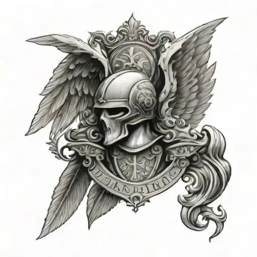 family crest, mantle, wings, helmet tattoo design idea