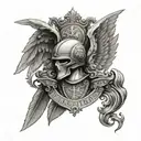 family crest, mantle, wings, helmet tattoo design idea