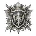 family crest, mantle, wings, helmet tattoo design idea