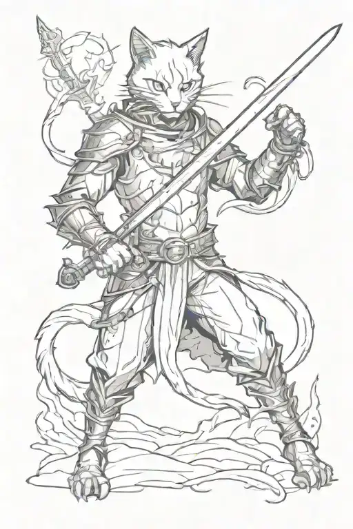 black cat as a warrior with a sword tattoo design idea
