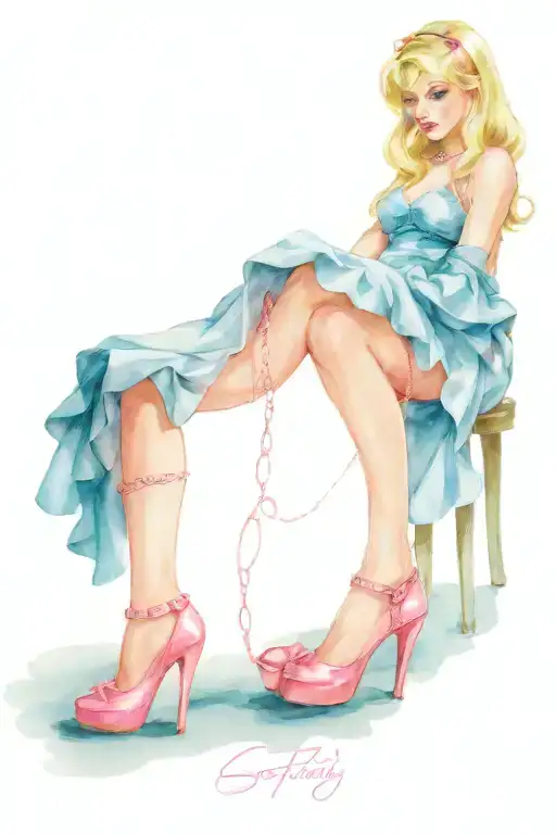 sissy maid girl in chains pink dress pink heels blond hair  tattoo design idea