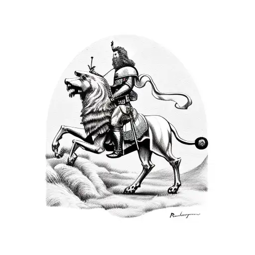 robert the bruce riding a horse with a landscape in background and lion rampant shaped cloud tattoo design idea