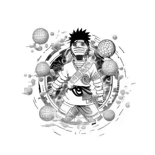 A dynamic depiction of Naruto performing his signature jutsu, surrounded by soccer balls and video game controllers tattoo design idea