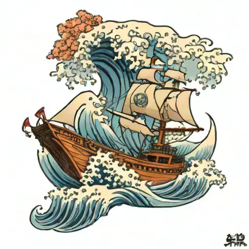 wave of kanagawa and ship tattoo design idea