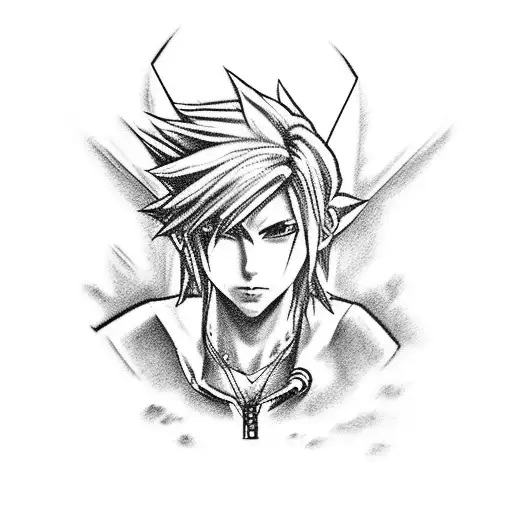 Create a full arm sleeve tattoo design in a realistic style with emphasis on Cloud Strife from Final Fantasy Advent Chil tattoo design idea