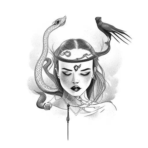An independent woman with a crow and a snake as her spirit guides tattoo design idea