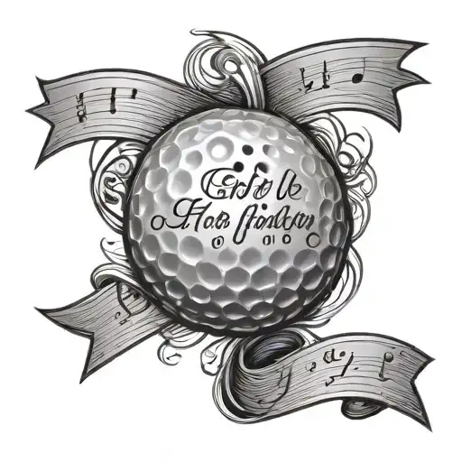 A golf ball with a Bible verse inscribed on it, surrounded by musical notes tattoo design idea