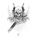 A dynamic tattoo design inspired by Zoro from One Piece, highlighting his iconic swords and fierce determination tattoo design idea