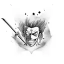 A dynamic tattoo design inspired by Zoro from One Piece, highlighting his iconic swords and fierce determination tattoo design idea