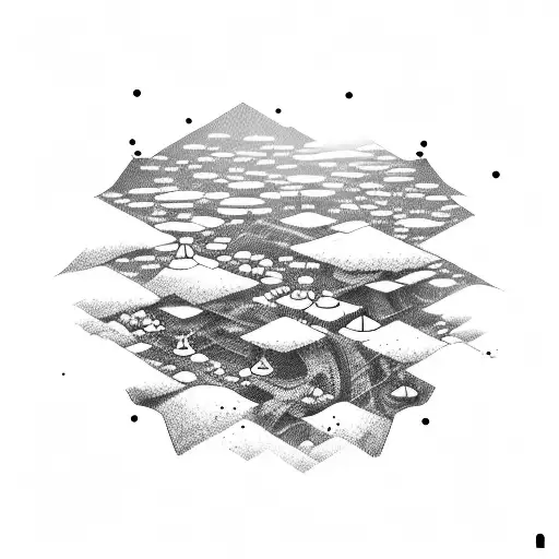 A dotwork tattoo of a futuristic cyberpunk landscape with anime characters immersed in a virtual reality game tattoo design idea