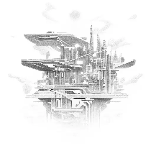 A futuristic cityscape inspired by anime and technology, with intricate fineline details tattoo design idea