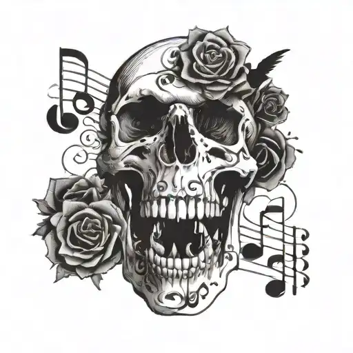 A photo reel forming the shape of a skull, with musical notes and crows incorporated into the design tattoo design idea
