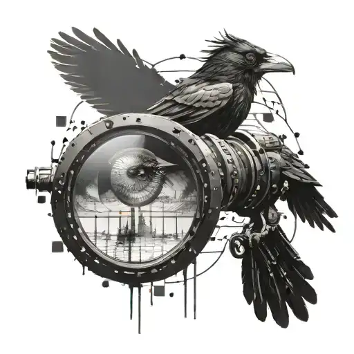 A cinematic scene featuring crows perched on a giant eye, with filmstrips running through the design tattoo design idea