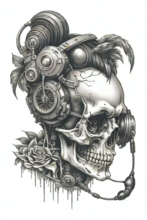 A skull wearing headphones, with movie scenes and crows reflected in its eye sockets  tattoo design idea