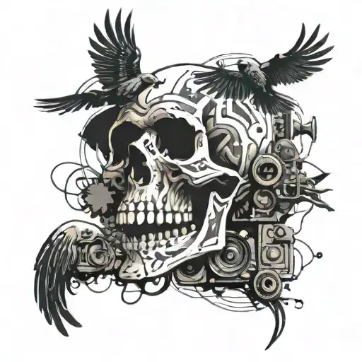 A skull composed of musical notes and film reels intertwined, with crows flying around it  tattoo design idea