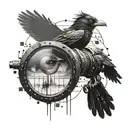 A cinematic scene featuring crows perched on a giant eye, with filmstrips running through the design tattoo design idea