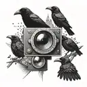 A cinematic scene featuring crows perched on a giant eye, with filmstrips running through the design tattoo design idea