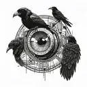 A cinematic scene featuring crows perched on a giant eye, with filmstrips running through the design tattoo design idea