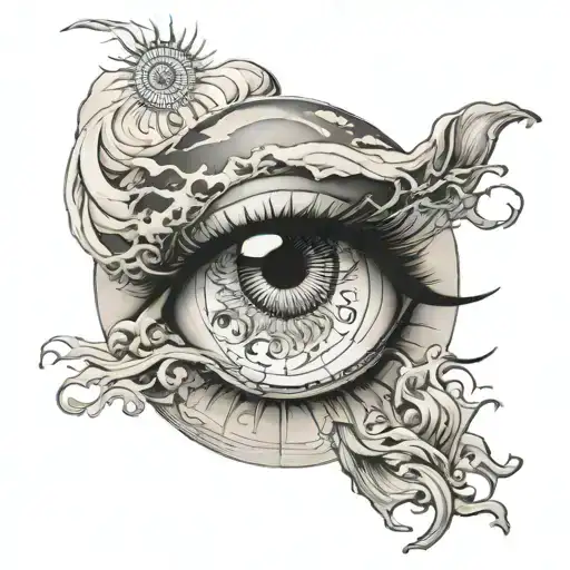 an alabaster eye. Inside the pupil, depict a sunrise over the ocean. The sun should be a yin-yang symbol, with one half  tattoo design idea