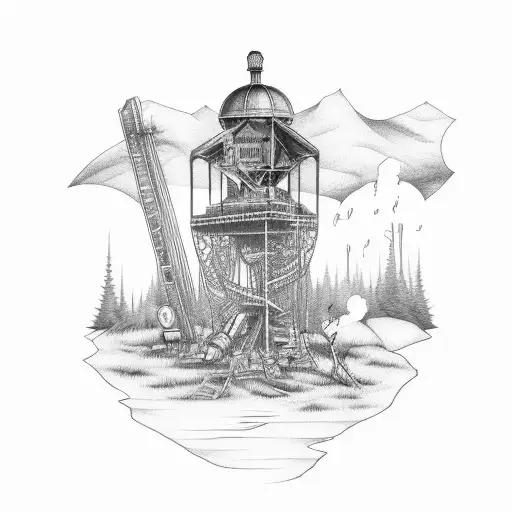 Western skeleton at a fire with forest and water tower in background  tattoo design idea