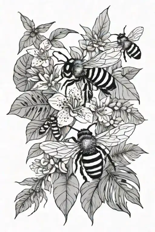 Outline only, leaves, tropical, bees tattoo design idea