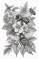 Outline only, leaves, tropical, bees tattoo design idea