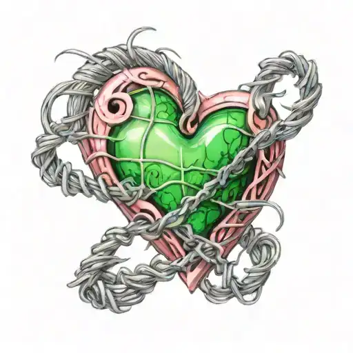 Pink heart with gray barbered wire wrapped round green shine tattoo design idea