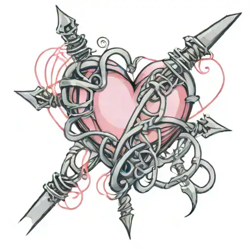 Pink heart with gray barbered wire wrapped round laim shine tattoo design idea