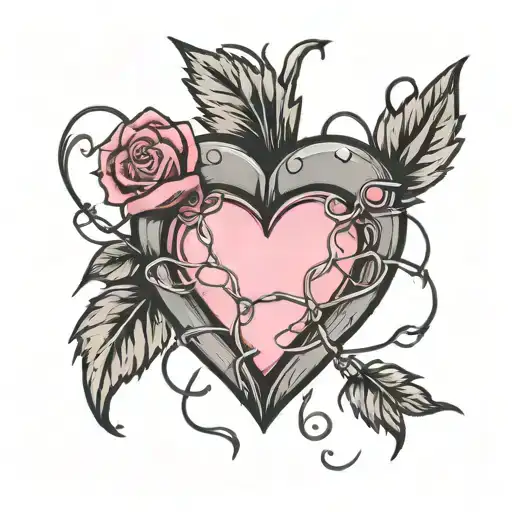 Pink heart with gray barbered wire wrapped round tattoo design idea