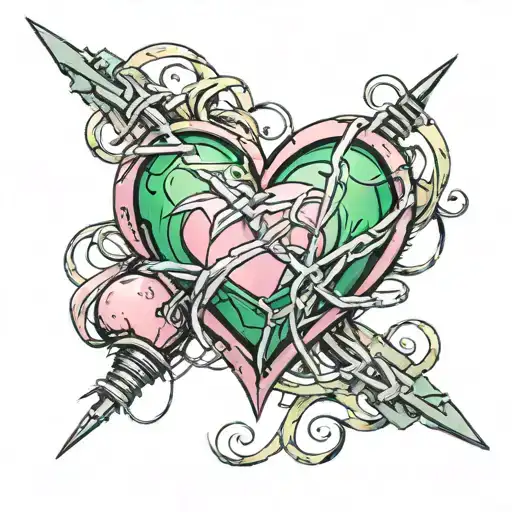 Pink heart with gray barbered wire wrapped round green shine tattoo design idea