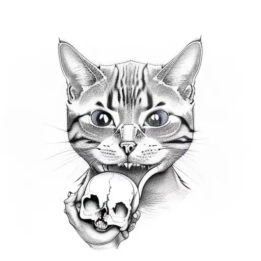 A cat playing with a skull, blending the client's favorite things with a touch of morbidity tattoo design idea