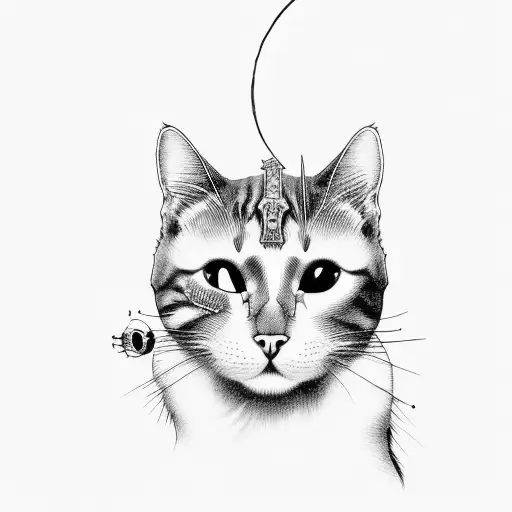 A cat playing with a skull, blending the client's favorite things with a touch of morbidity tattoo design idea